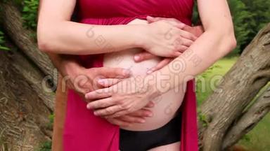 未来父母的手<strong>拥抱</strong>，抚摸和<strong>拥抱</strong>怀孕的肚子。 孕妇与丈夫<strong>拥抱</strong>。 在等孩子。